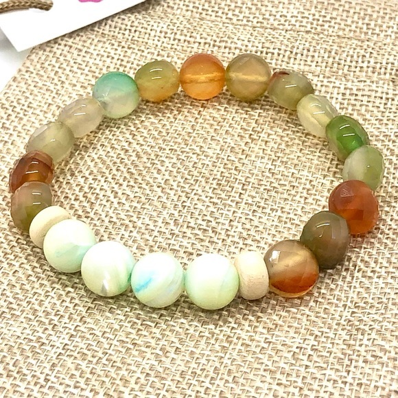Handmade Abacus Agate and Beautiful Blue Shell Accent Beaded Bracelet - Picture 1 of 7